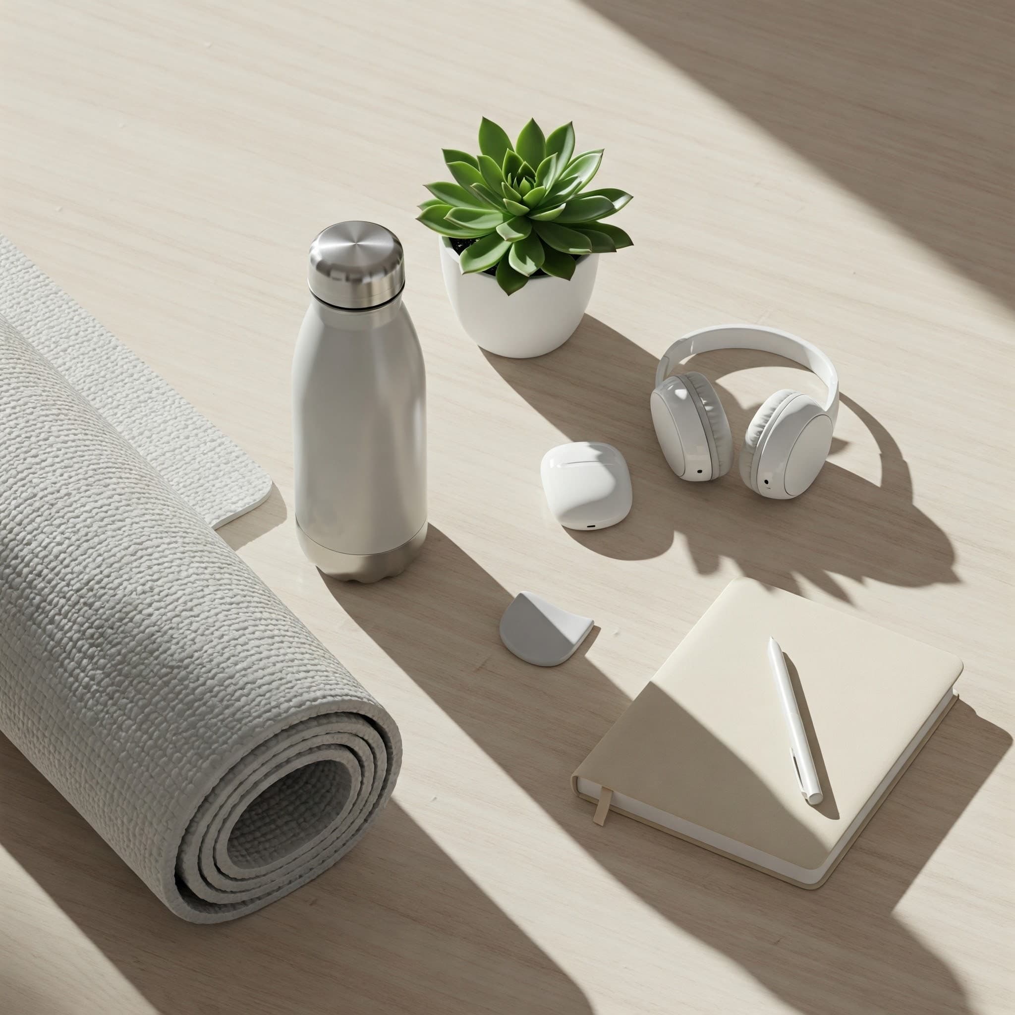 Wellness tools like a yoga mat, journal, and diffuser arranged in a home corner