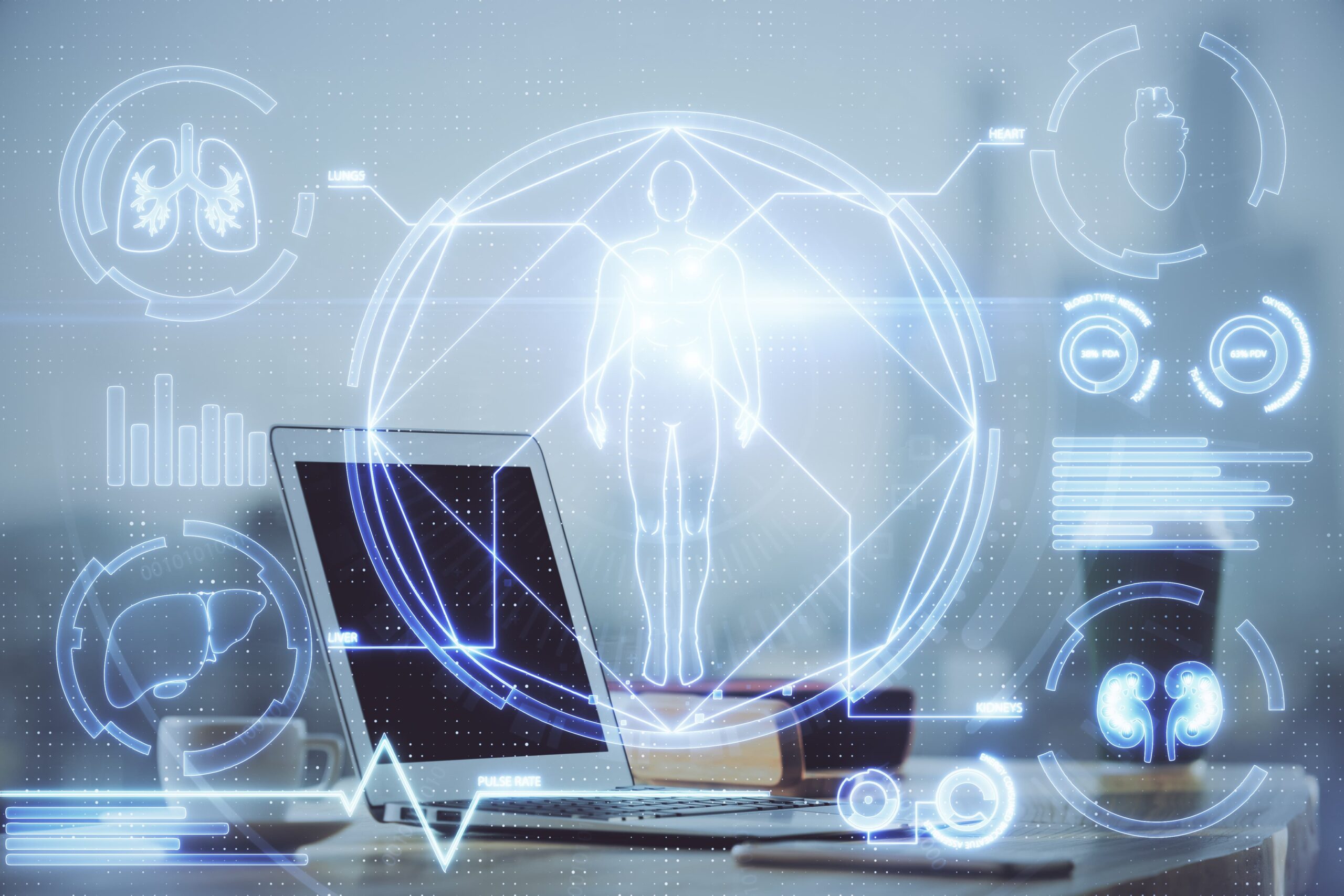 Close-up of hands touching a tablet displaying AI-driven personalized recovery data, including heart rate and mood graphs, at Serenity Path Recovery.